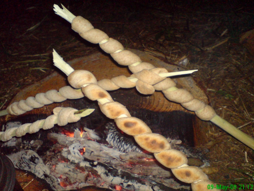 Cooking 'damper' on green hazel sticks